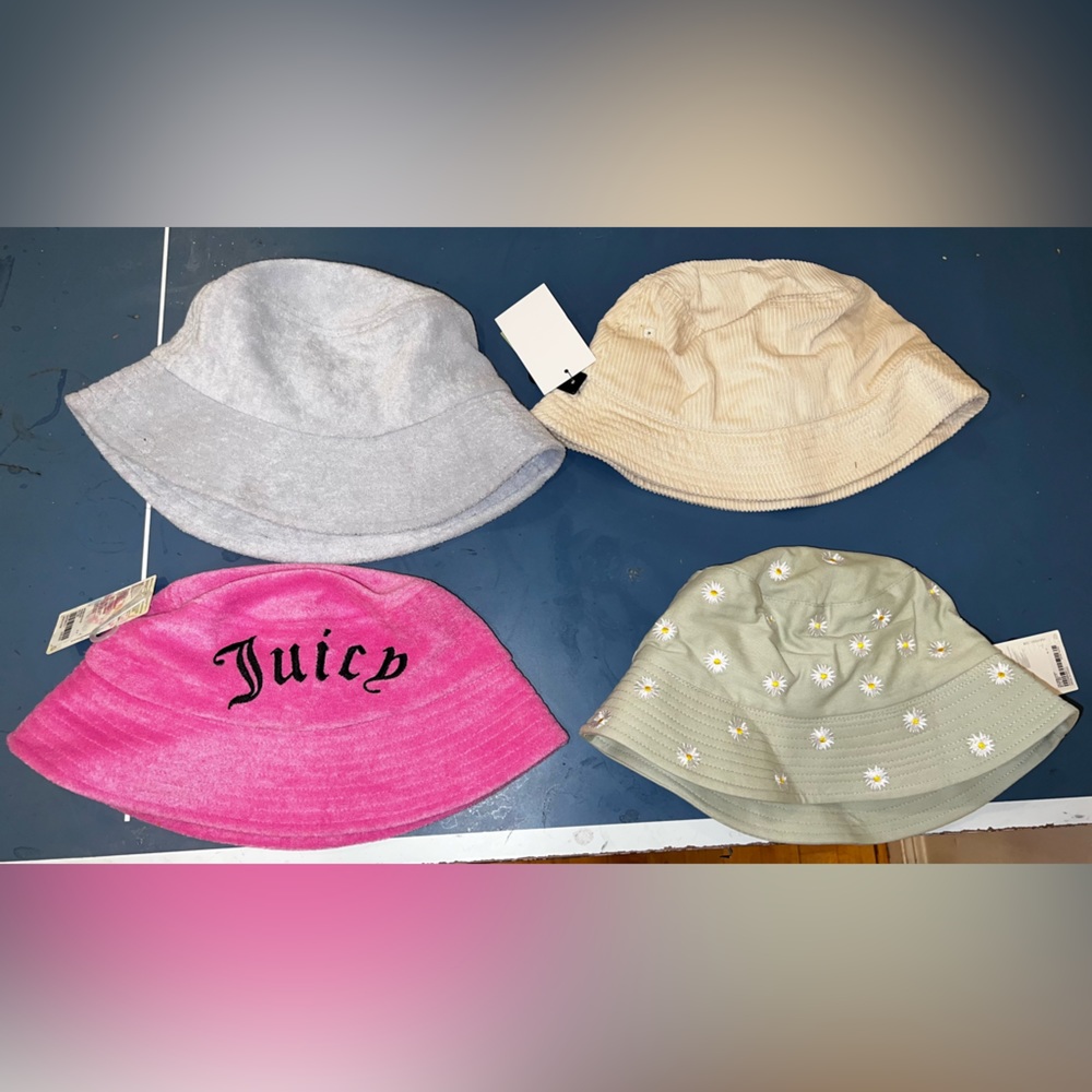 4 piece bucket hat bundle nwt H&M cream hot pink Juicy couture hats